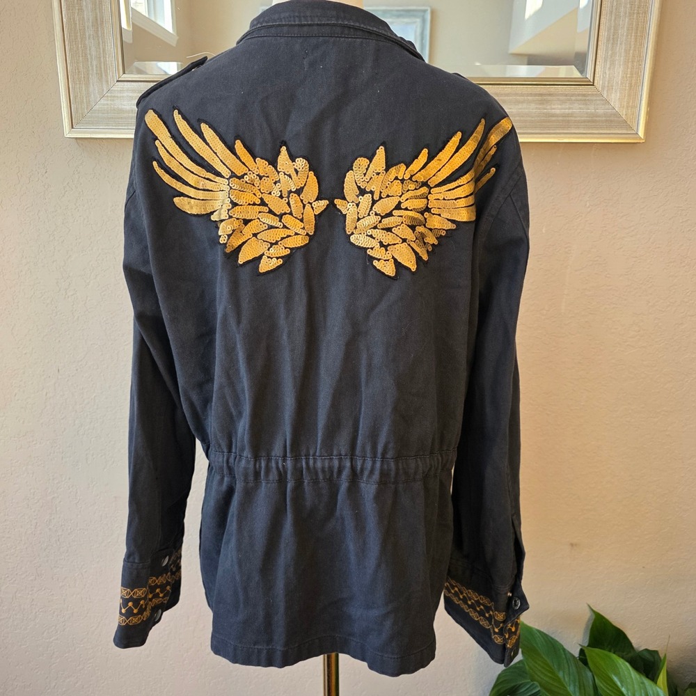 Sheryl Crow Black Lightweight Jacket Gold Sequin Wings Embroidered Womens Large‎